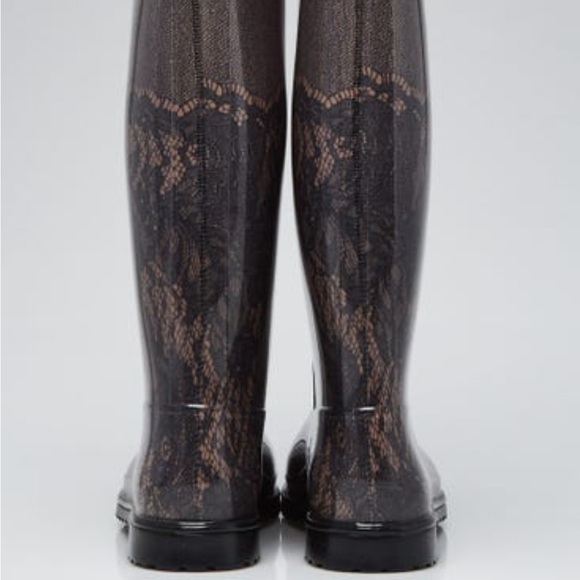 NWOT Valentino Size 6.5 (40) Black Rubber Mid-Calf Lace Print Rain Boots - Picture 10 of 12